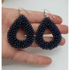 Silver earrings open drop of dark blue crystals