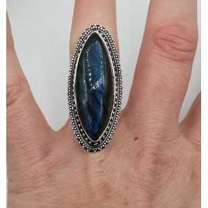 Silver ring set with marquise Labradorite and carved head 17.3 mm