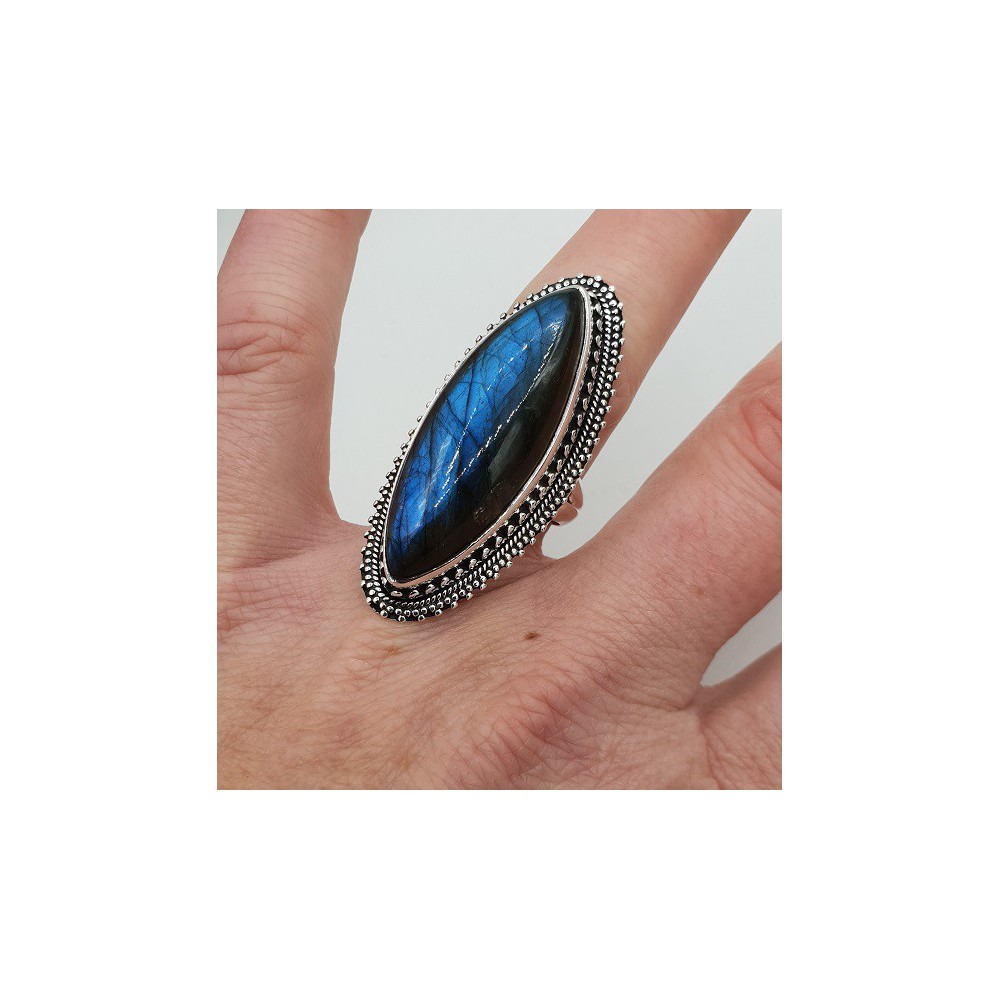 Silver ring set with marquise Labradorite and carved head 17.3 mm