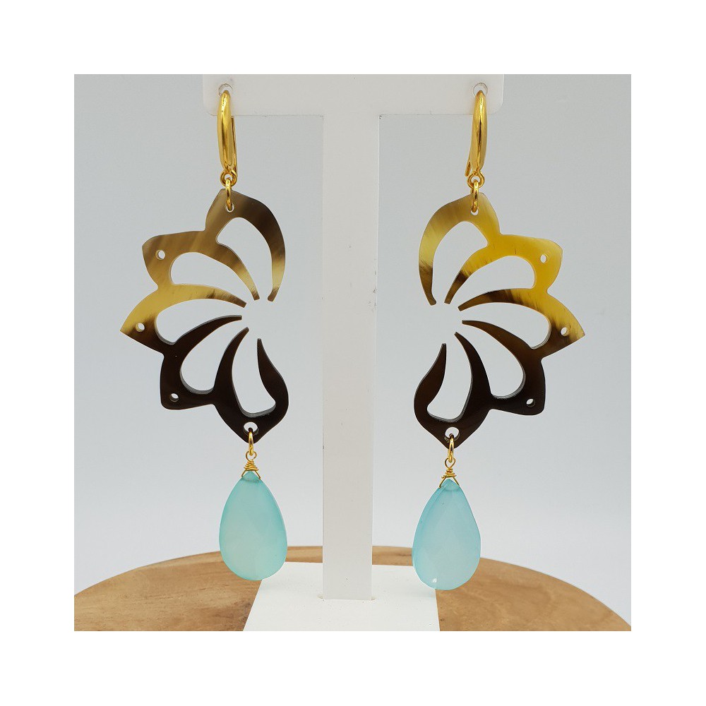 Gold plated earrings with buffalo horn and aqua Chalcedony 