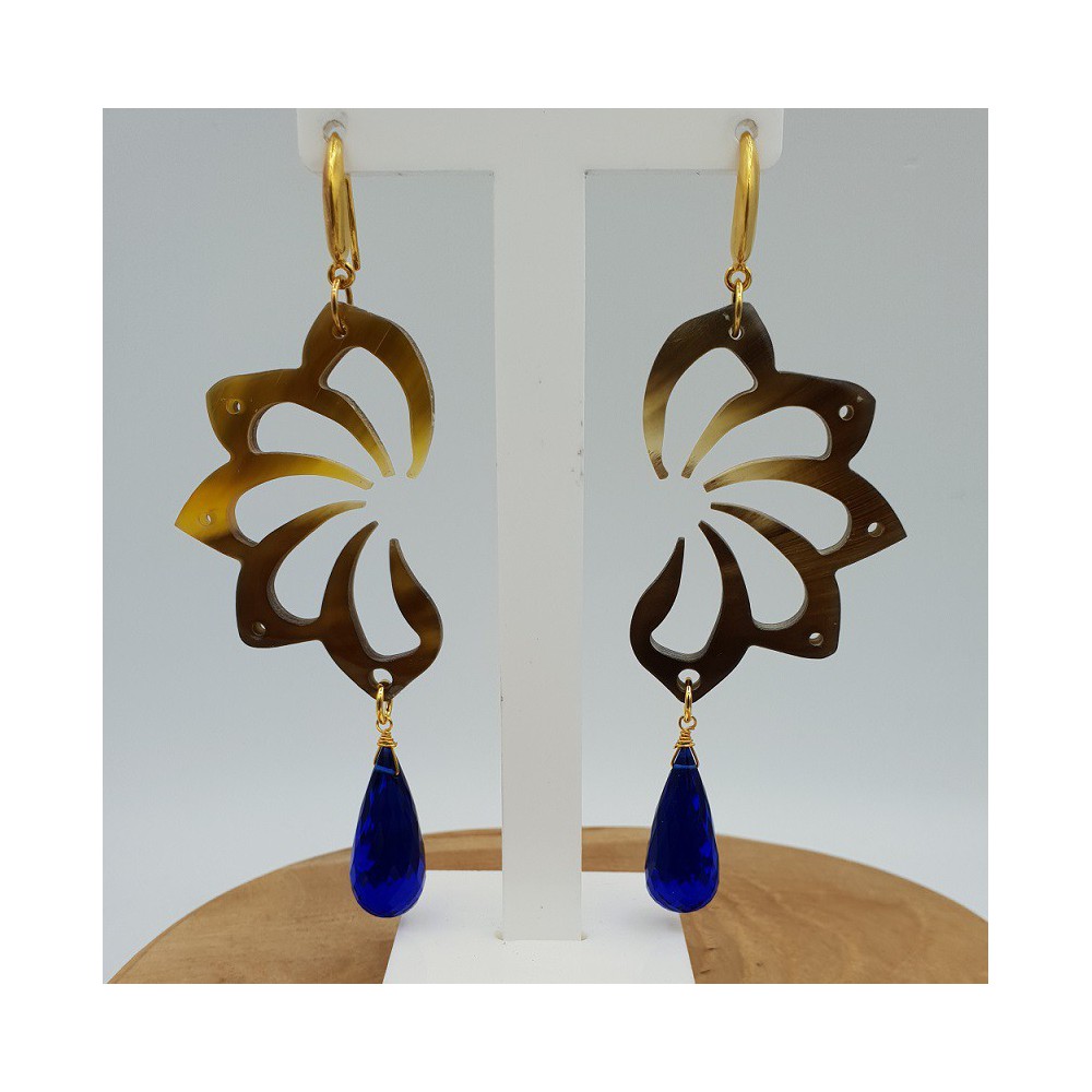 Earrings with buffalo horn and Sapphire blue quartz briolet