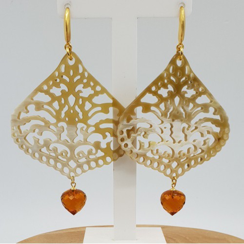 Oorbellen met Buffelhoorn en Citrien quartz druppel