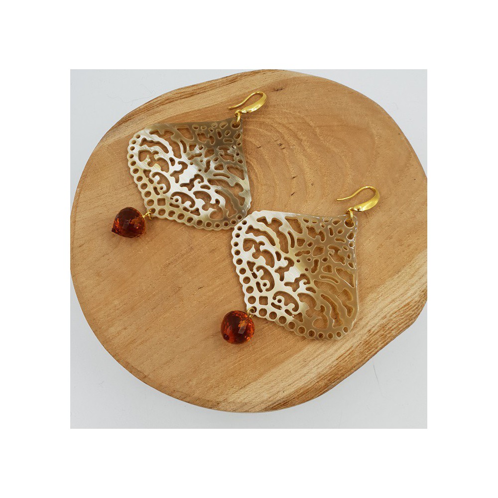 Oorbellen met Buffelhoorn en Citrien quartz druppel