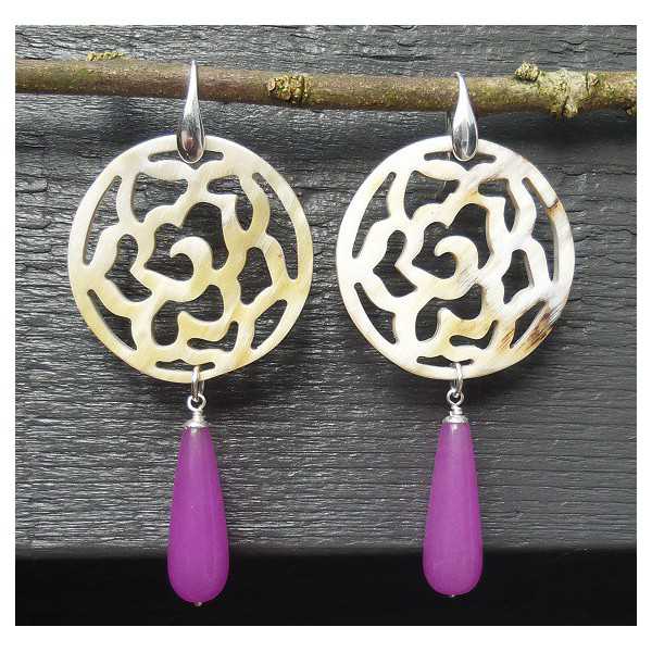 Silver earrings with carved buffalo horn and purple Jade 