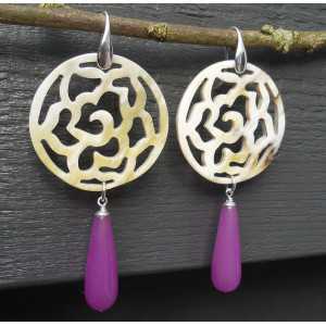 Silver earrings with carved buffalo horn and purple Jade