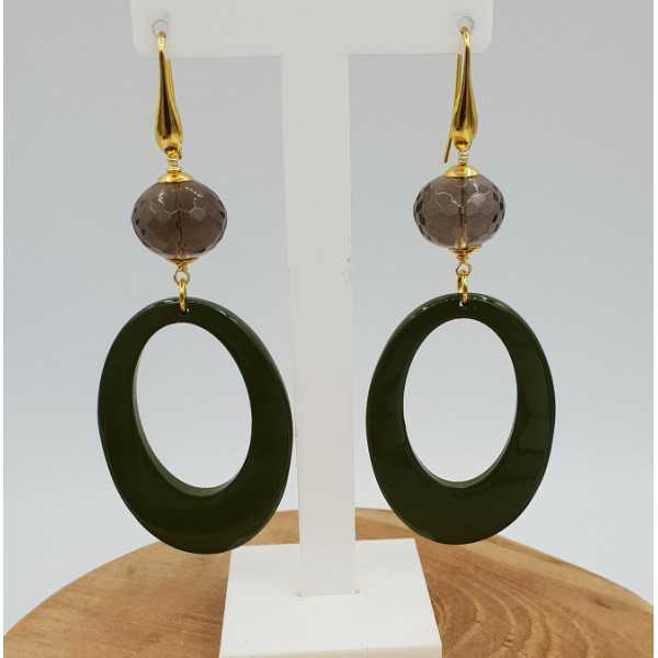 Gold plated earrings with green lacquered buffalo horn and Smokey Topaz