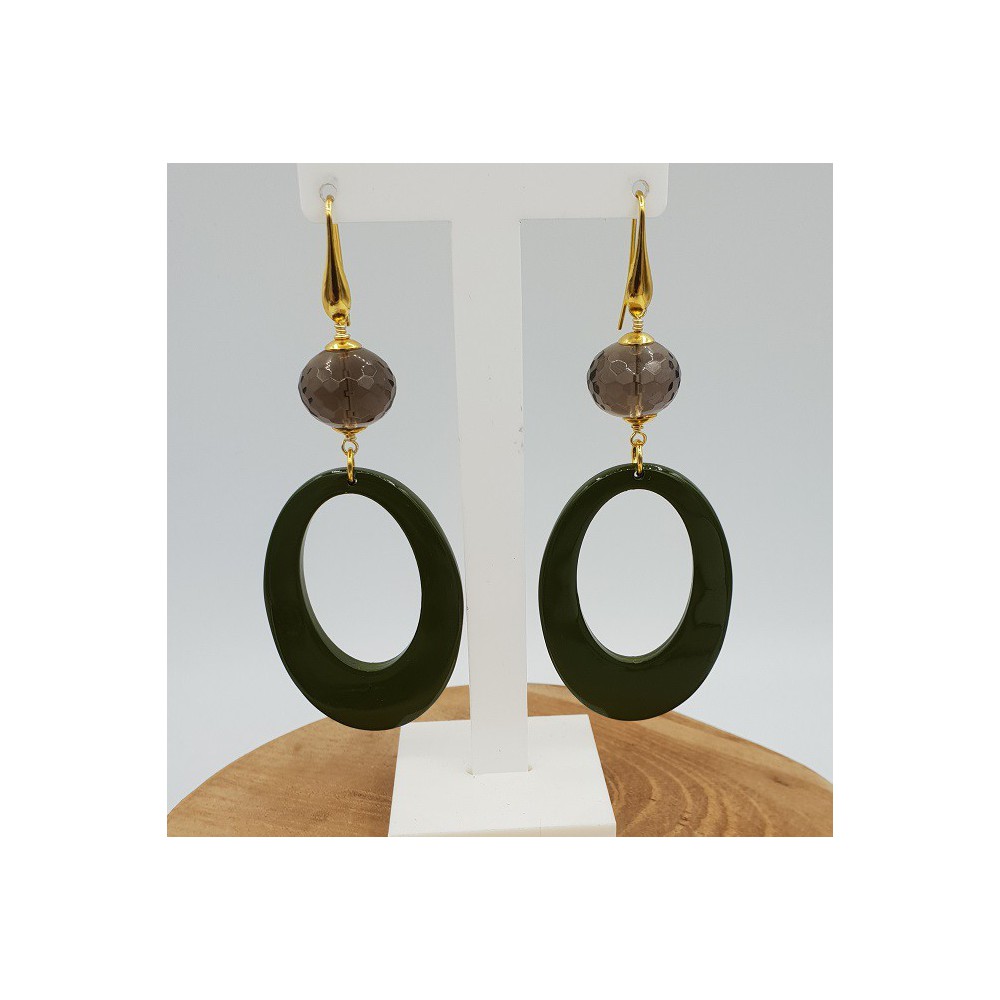 Gold plated earrings with green lacquered buffalo horn and Smokey Topaz