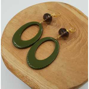 Gold plated earrings with green lacquered buffalo horn and Smokey Topaz