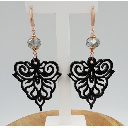 Oorbellen met zwarte Buffelhoorn en grijs kristal