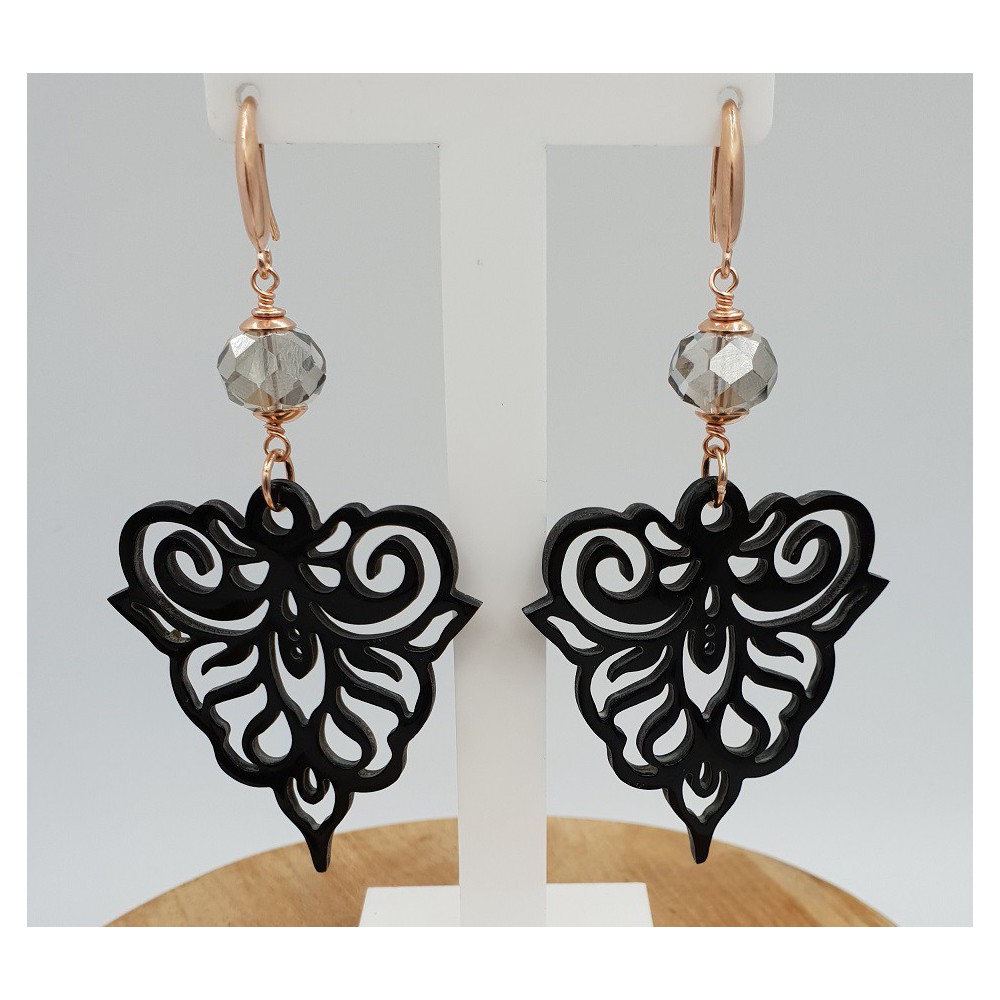 Oorbellen met zwarte Buffelhoorn en grijs kristal