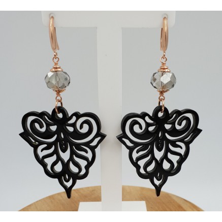 Oorbellen met zwarte Buffelhoorn en grijs kristal