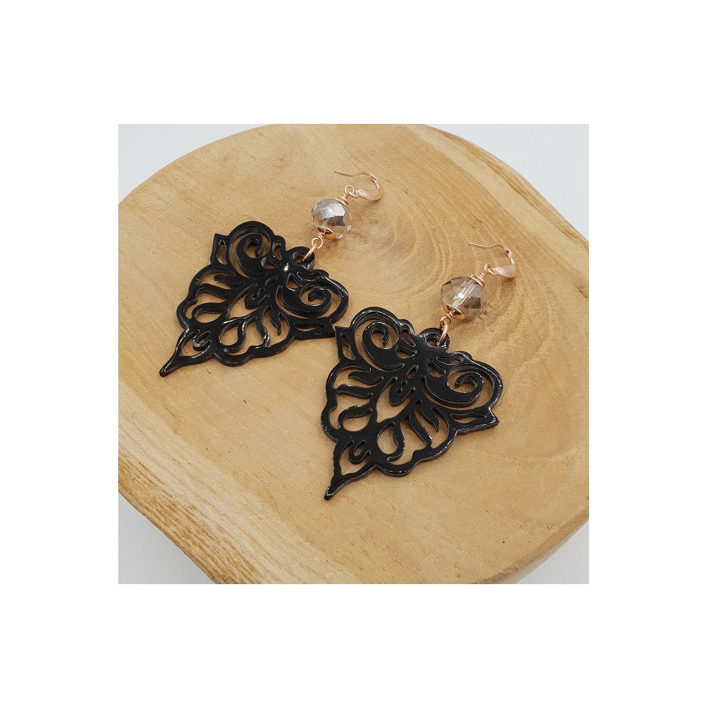 Oorbellen met zwarte Buffelhoorn en grijs kristal