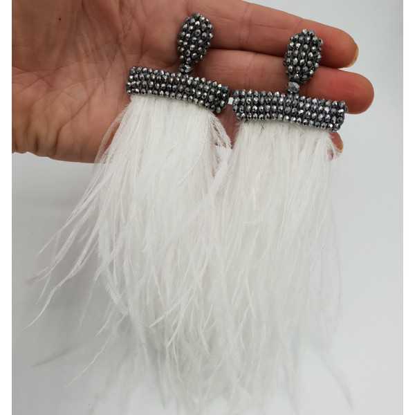 Tassel earrings with white feathers and silver crystals
