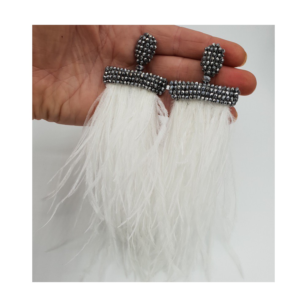 Tassel oorbellen met witte veren en zilveren kristallen