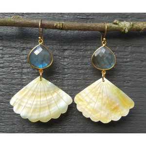 Gold plated earrings with Labradorite and range-of-Pearl