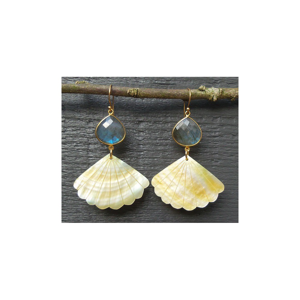 Gold plated earrings with Labradorite and range-of-Pearl