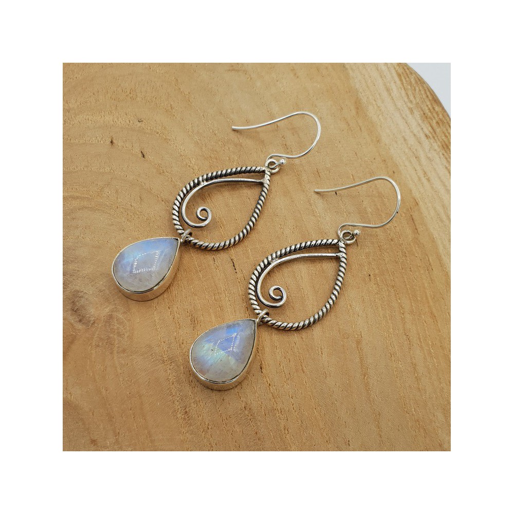 Silver long drop earrings set with oval cabochon Moonstone