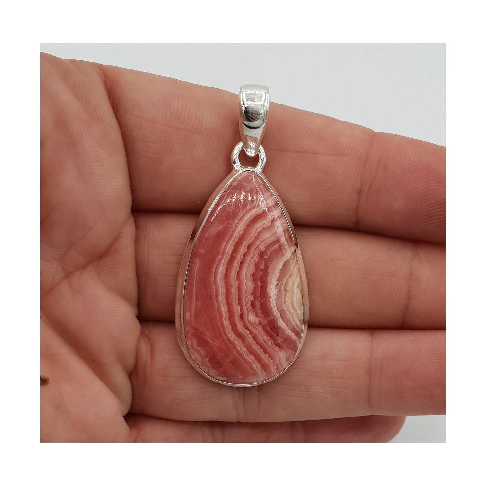 Silver pendant set with teardrop shaped cabochon Rhodochrosite