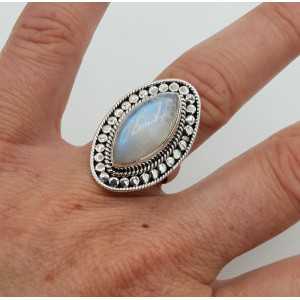 Silver ring set with marquise rainbow Moonstone 17.3 mm
