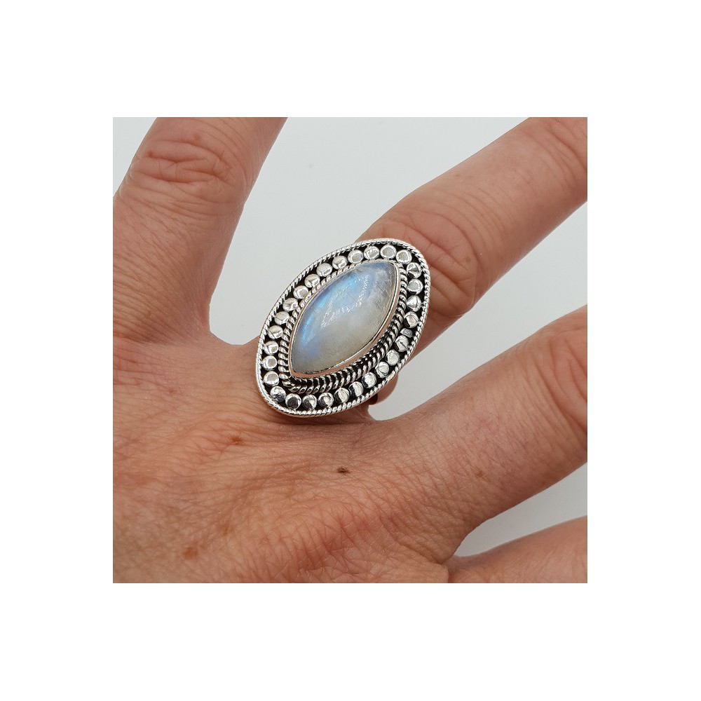 Silver ring set with marquise rainbow Moonstone 17.3 mm