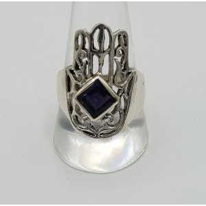 Silver Hamsa hand ring set with Ioliet 19.5 mm