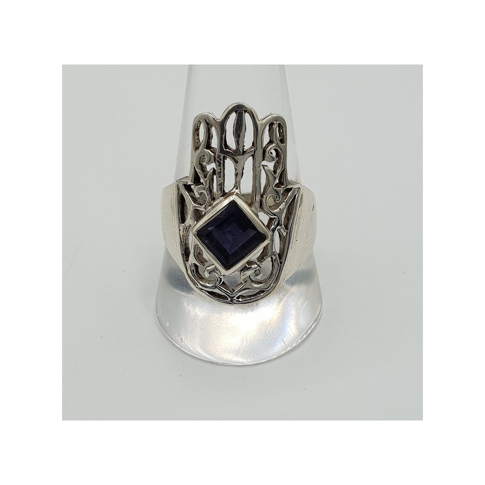 Zilveren Hamsa hand ring gezet met Ioliet 19.5 mm