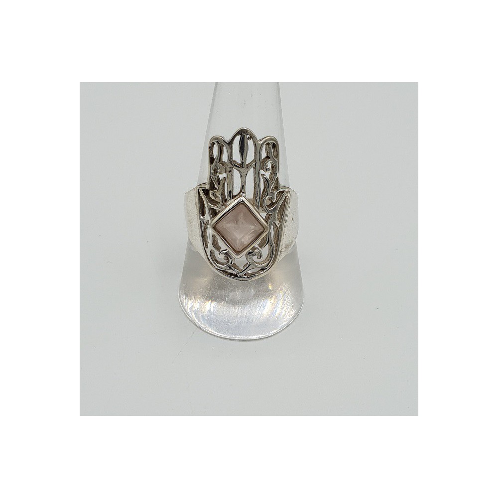 Zlveren Hamsa hand ring set with rose quartz 19 mm