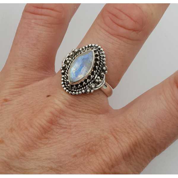 Silver ring set with marquise facet Moonstone 18.5 mm