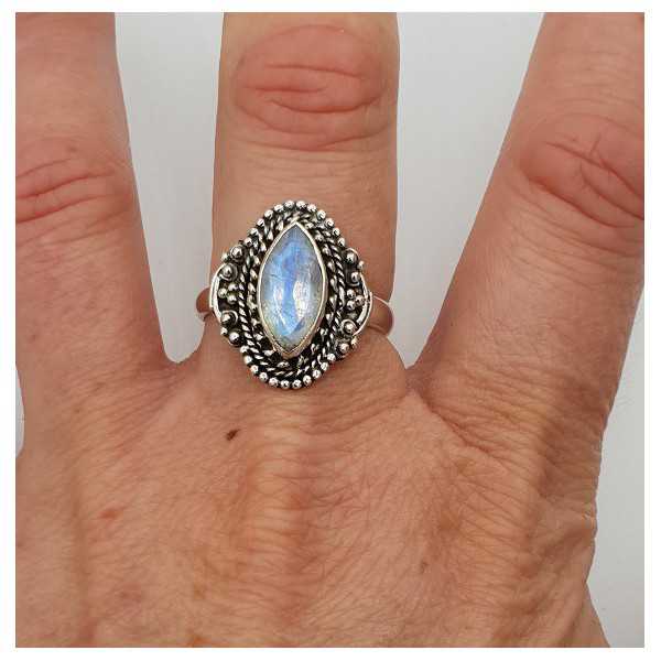 Silver ring set with marquise facet Moonstone 18.5 mm