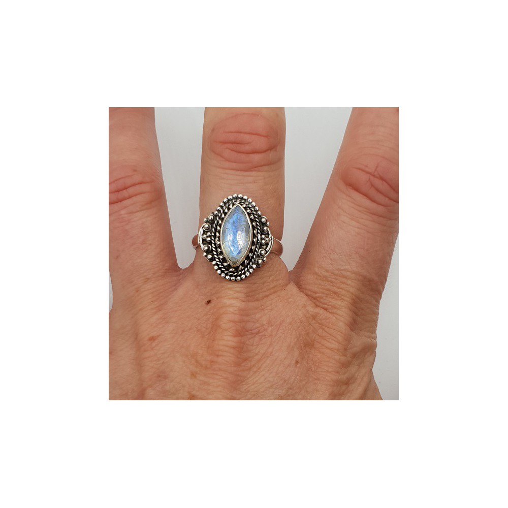 Silver ring set with marquise facet Moonstone 18.5 mm