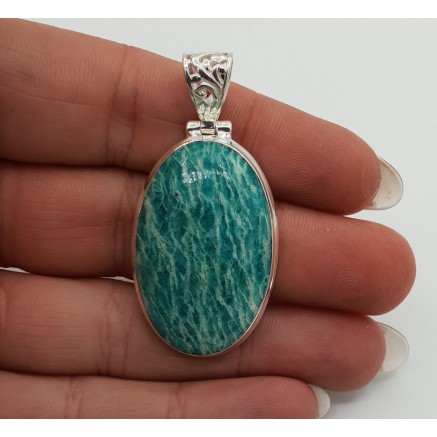 Zilveren hanger met ovale Amazoniet en bewerkt haakje