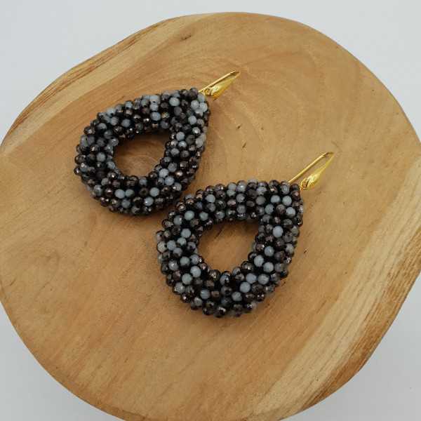 Glassberry blackberry earrings with open drop of gray, black crystals