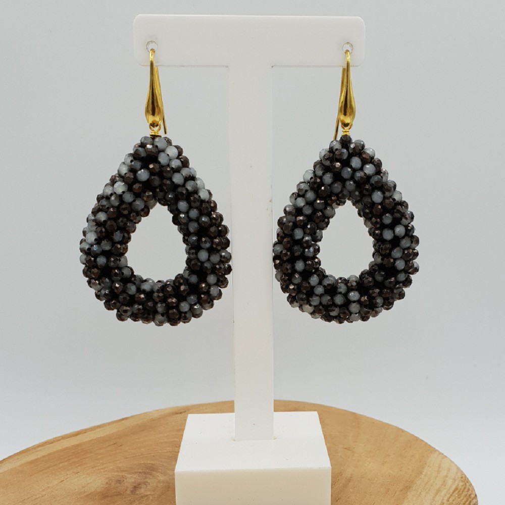 Glassberry blackberry earrings with open drop of gray, black crystals