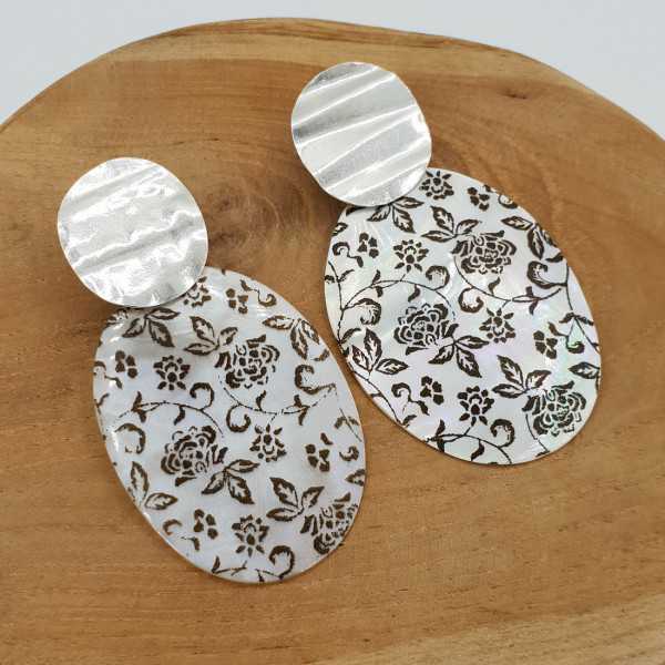 Silver earrings with flower carved oval shell pendant