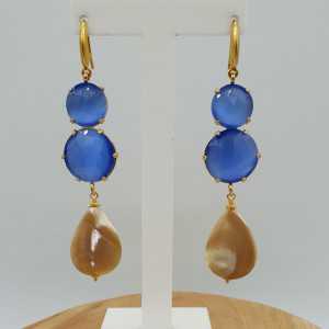 Gold plated earrings with blue cats eye and mother of Pearl