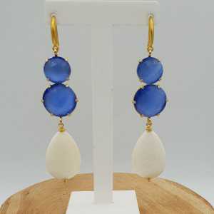 Gold plated earrings with blue cats eye and white mother-of-Pearl