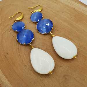 Gold plated earrings with blue cats eye and white mother-of-Pearl