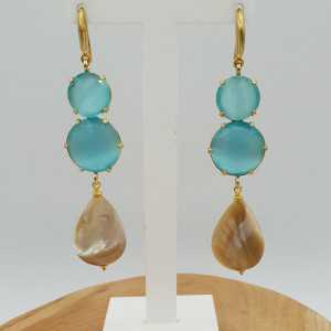 Gold plated earrings with aqua blue cats eye and mother of Pearl