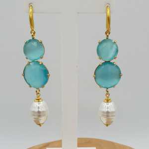 Gold plated earrings with aqua blue cats eye and Pearl