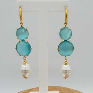 Gold plated earrings with aqua blue cats eye and Pearl