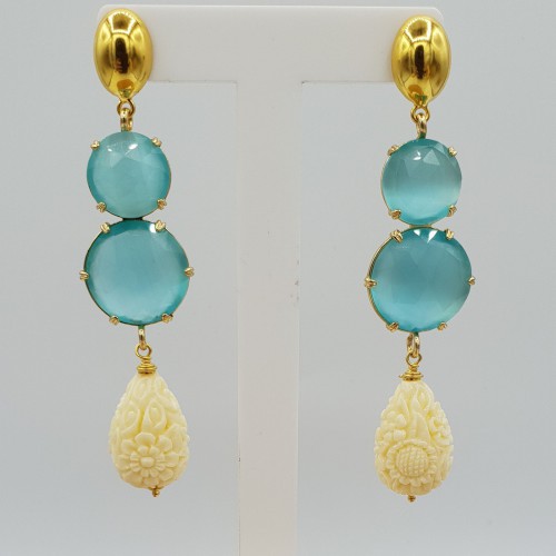 Vergulde oorbellen met aqua blauwe Kattenoog en Resin