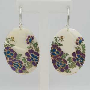 Silver earrings oval hand painted shell