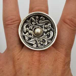 Silver ring large round machined head adjustable