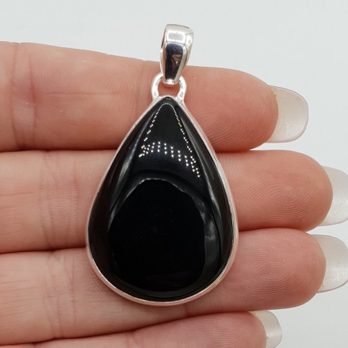 Zilveren edelsteen hanger met druppelvormige Onyx