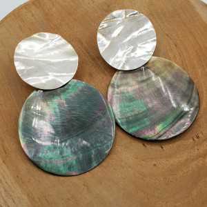 Zilveren oorbellen met ronde Parelmoer hanger (medium)