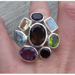 Silver ring set with facet cut multi gemstones 16.5 mm