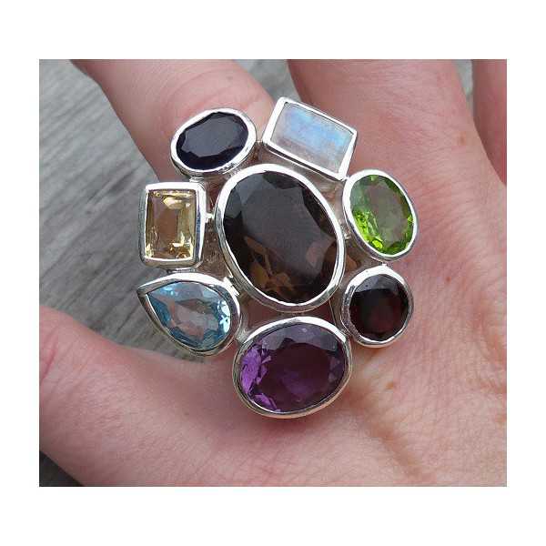 Silver ring set with facet cut multi gemstones 16.5 mm