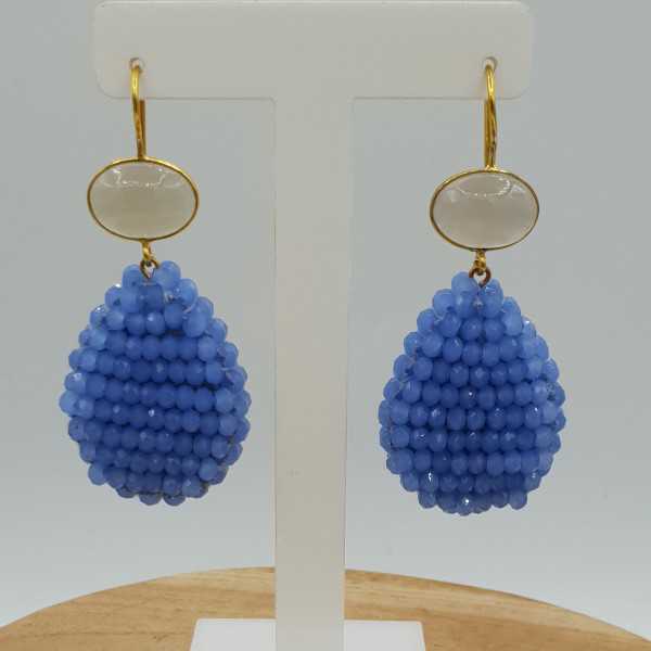 Gold plated earrings with grey Chalcedony and a drop of blue crystals