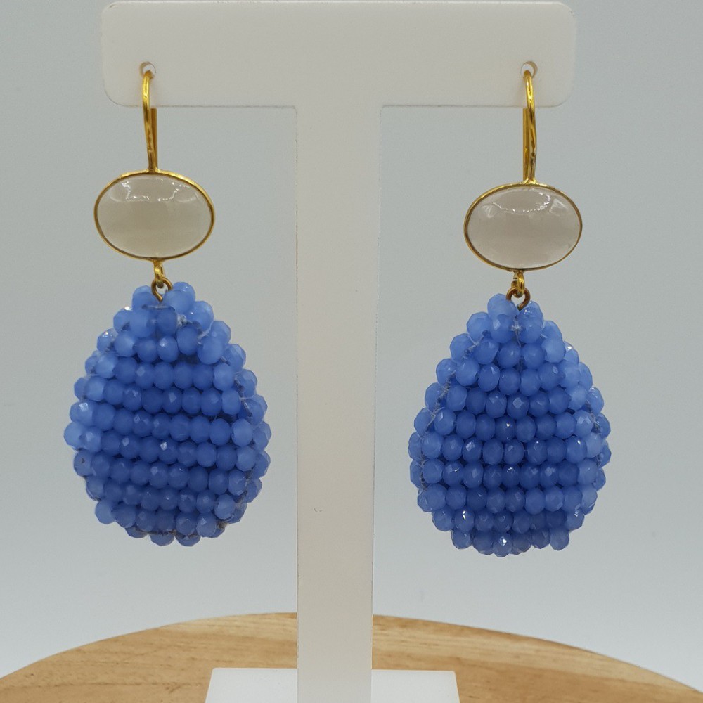 Gold plated earrings with grey Chalcedony and a drop of blue crystals