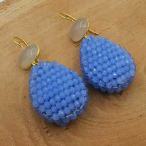 Gold plated earrings with grey Chalcedony and a drop of blue crystals
